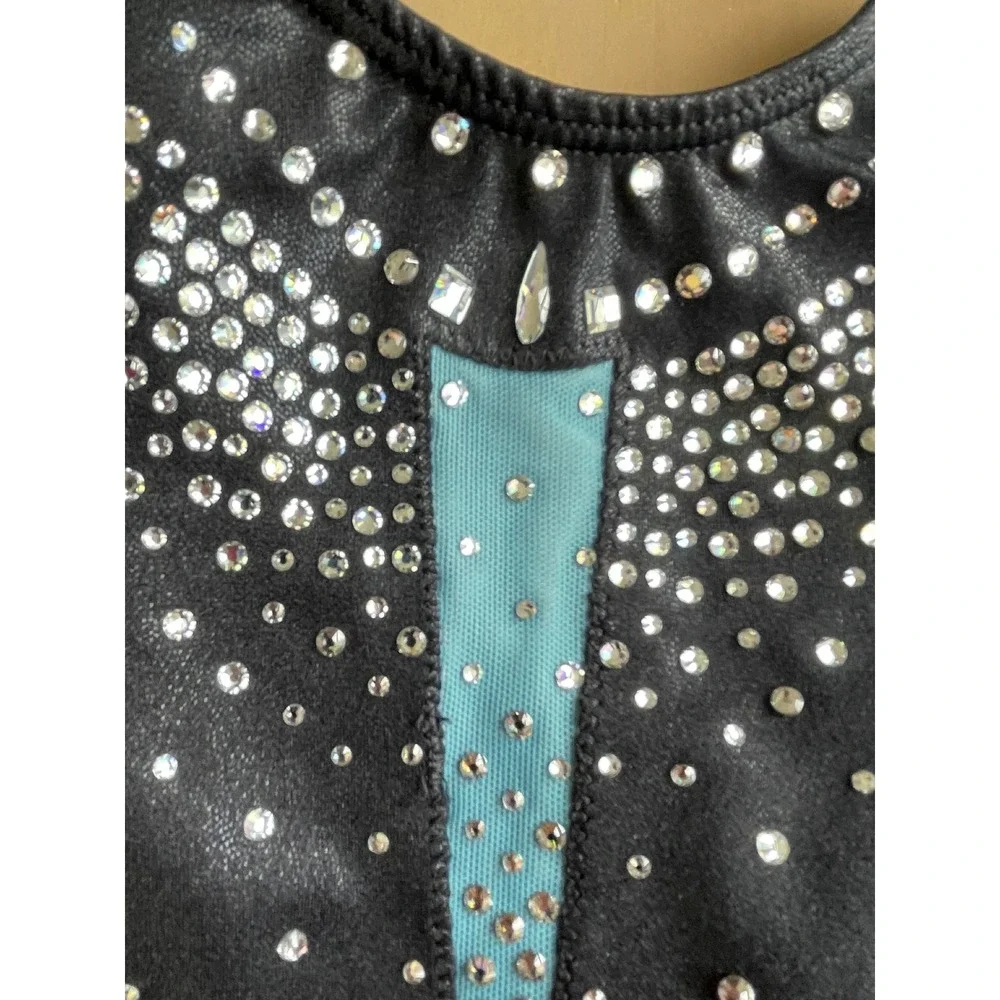 GK Elite Black Blue Rhinestone Gymnastics Leotard Long Sleeve Child Large CL